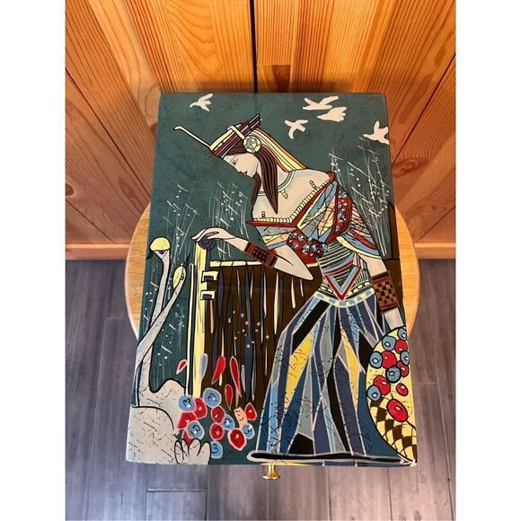 LA BELLE Hand Painted ART DECORATED LACQUER Wood BOX Egyptian Theme - Picture 1 of 8